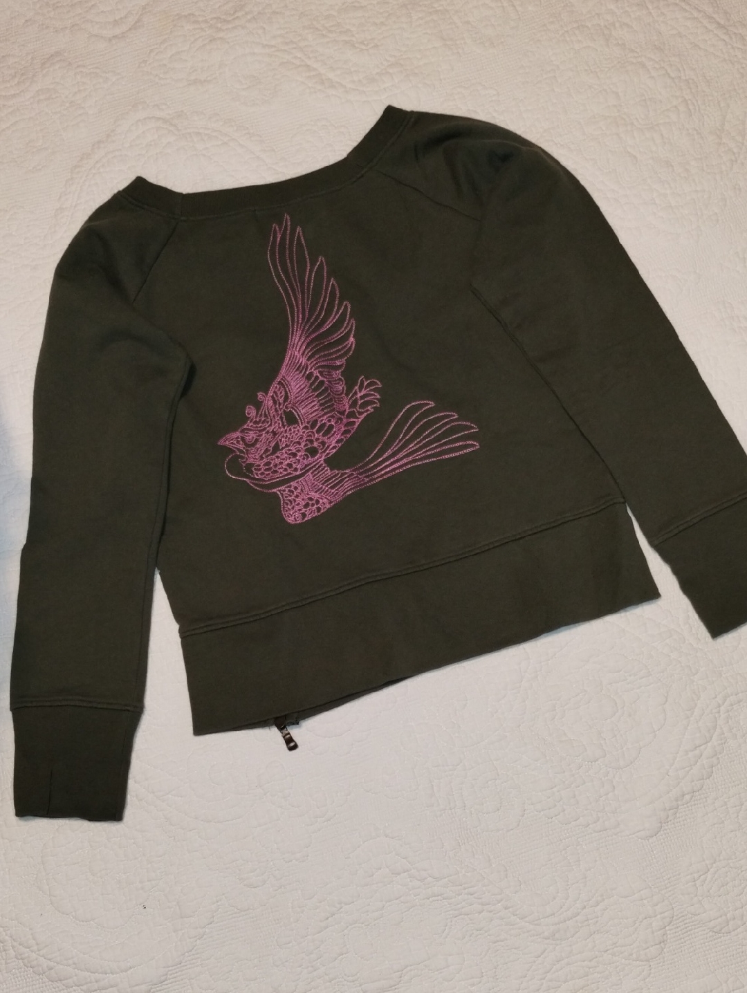 Vintage Ted Baker Olive Green Sweatshirt With Pink Bird Embroidery
